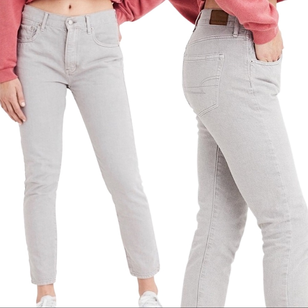 AE Hi-Rise Girlfriend Jeans Light Grey Long Length